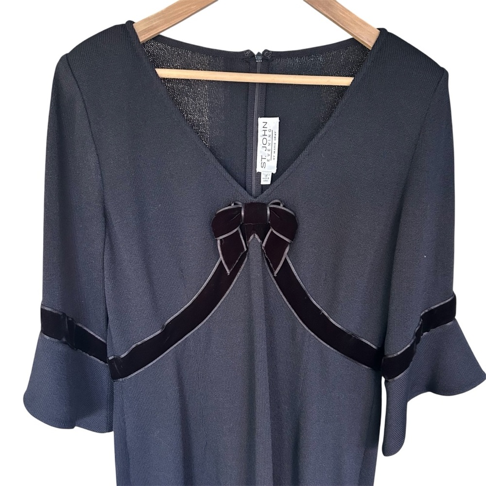 St. John Evening Black Midi Dress Bow Detailing Quiet Luxury Designer LBD